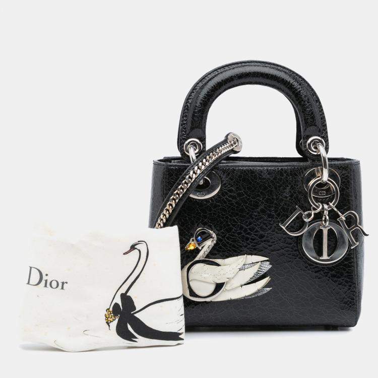 Pre Owned Dior Black Ceramic Effect Deerskin Jeweled Swan Lady Dior Top Handle Bag