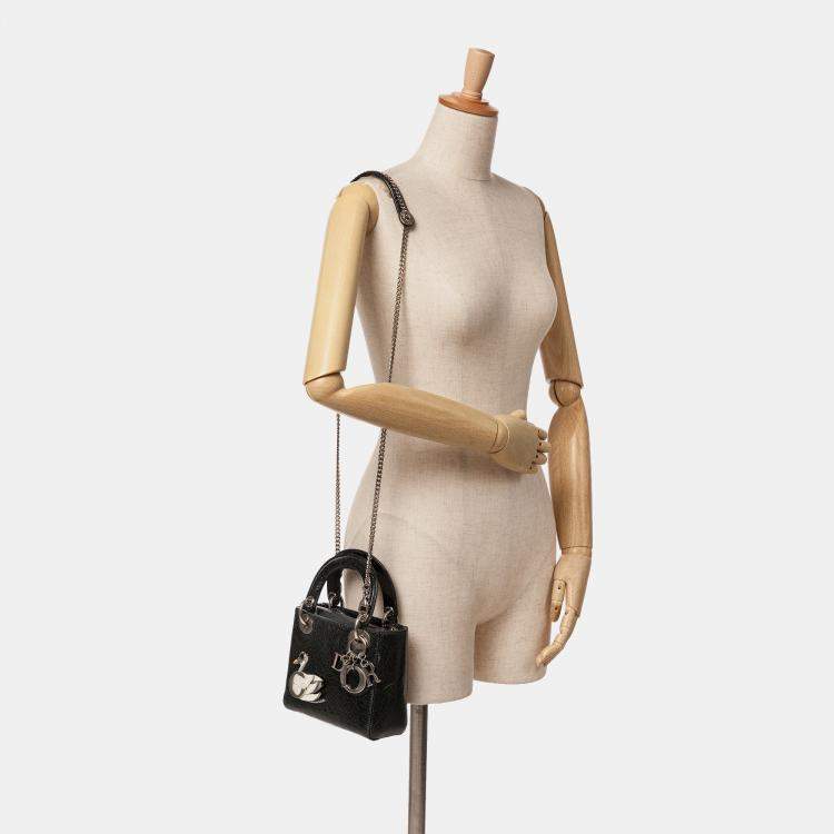 Pre Owned Dior Black Ceramic Effect Deerskin Jeweled Swan Lady Dior Top Handle Bag