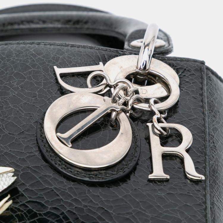 Pre Owned Dior Black Ceramic Effect Deerskin Jeweled Swan Lady Dior Top Handle Bag