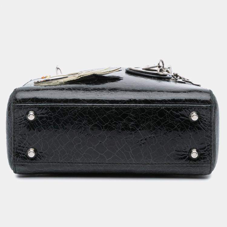Pre Owned Dior Black Ceramic Effect Deerskin Jeweled Swan Lady Dior Top Handle Bag