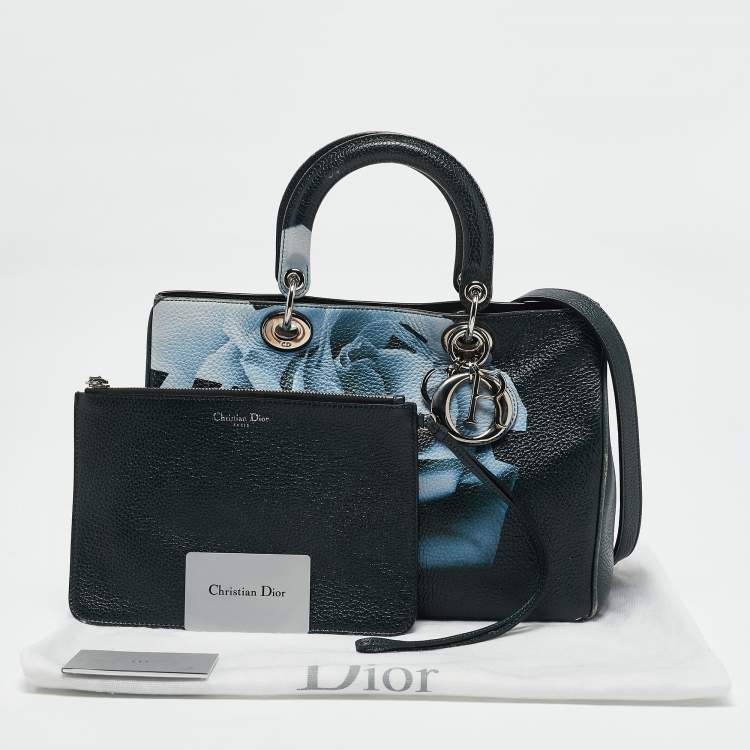 Pre Owned Dior Navy Blue Floral Print Leather Medium Diorissimo Shopper Tote
