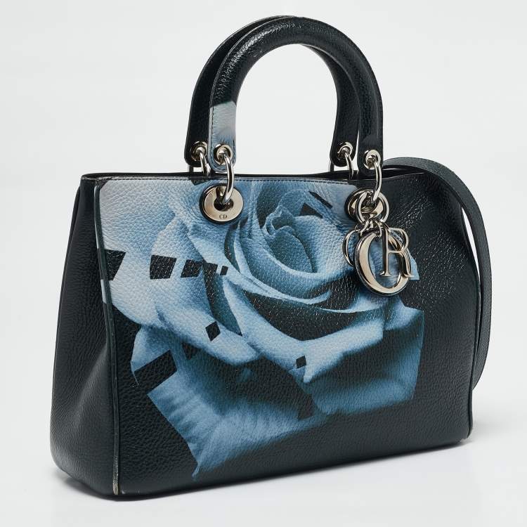 Pre Owned Dior Navy Blue Floral Print Leather Medium Diorissimo Shopper Tote