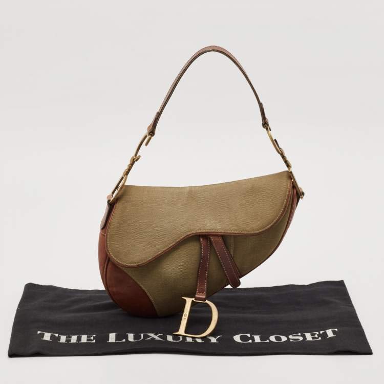 Pre Owned Dior Brown/Olive Green Canvas and Patent Leather Saddle Bag