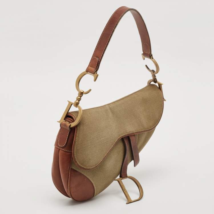 Pre Owned Dior Brown/Olive Green Canvas and Patent Leather Saddle Bag
