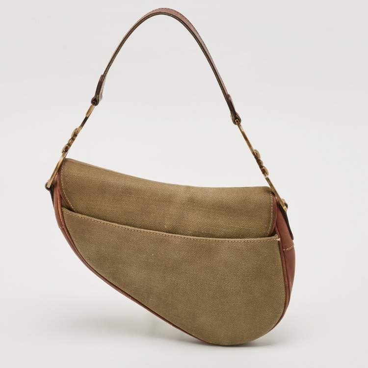 Pre Owned Dior Brown/Olive Green Canvas and Patent Leather Saddle Bag