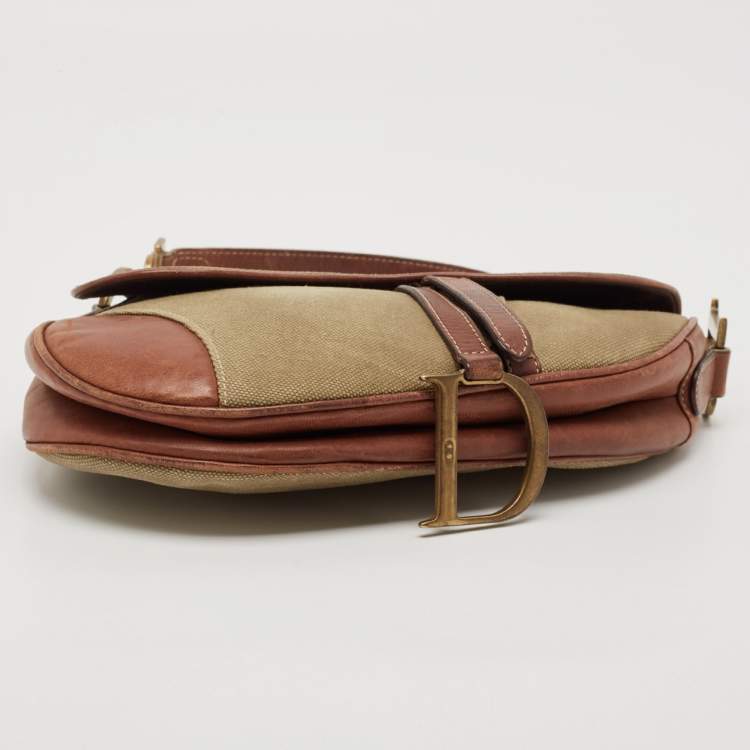 Pre Owned Dior Brown/Olive Green Canvas and Patent Leather Saddle Bag
