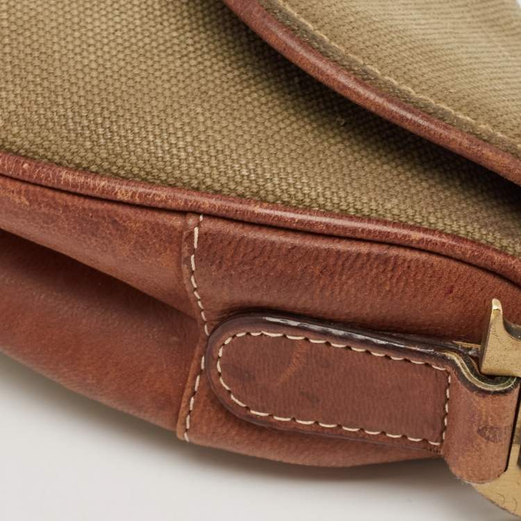 Pre Owned Dior Brown/Olive Green Canvas and Patent Leather Saddle Bag