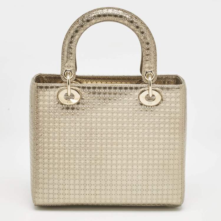 Pre Owned Dior Gold Micro Cannage Patent Leather Medium Lady Dior Tote