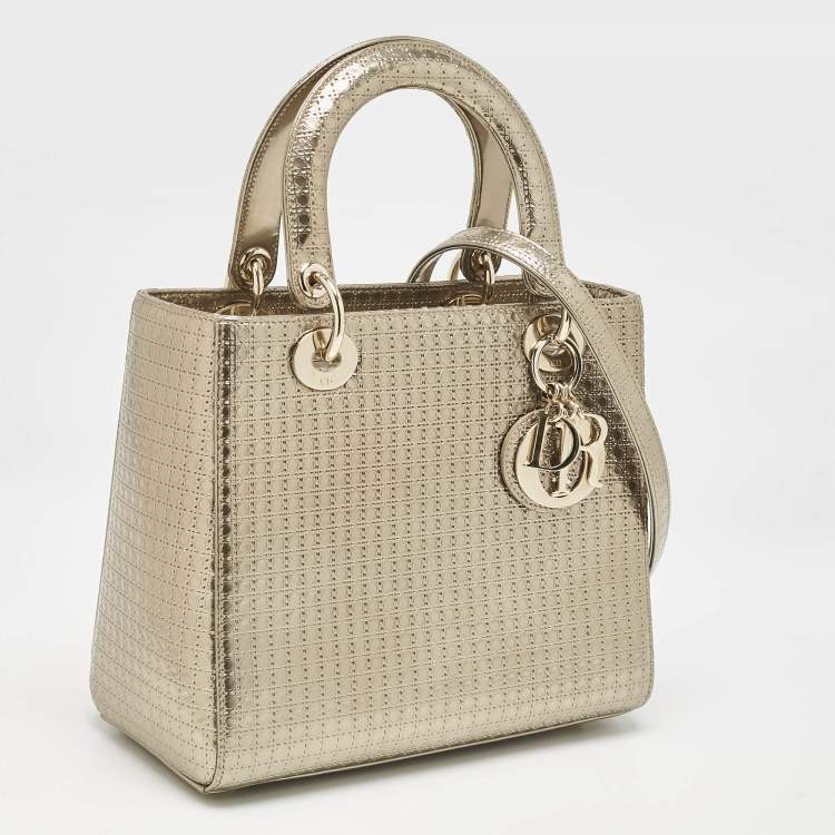 Pre Owned Dior Gold Micro Cannage Patent Leather Medium Lady Dior Tote