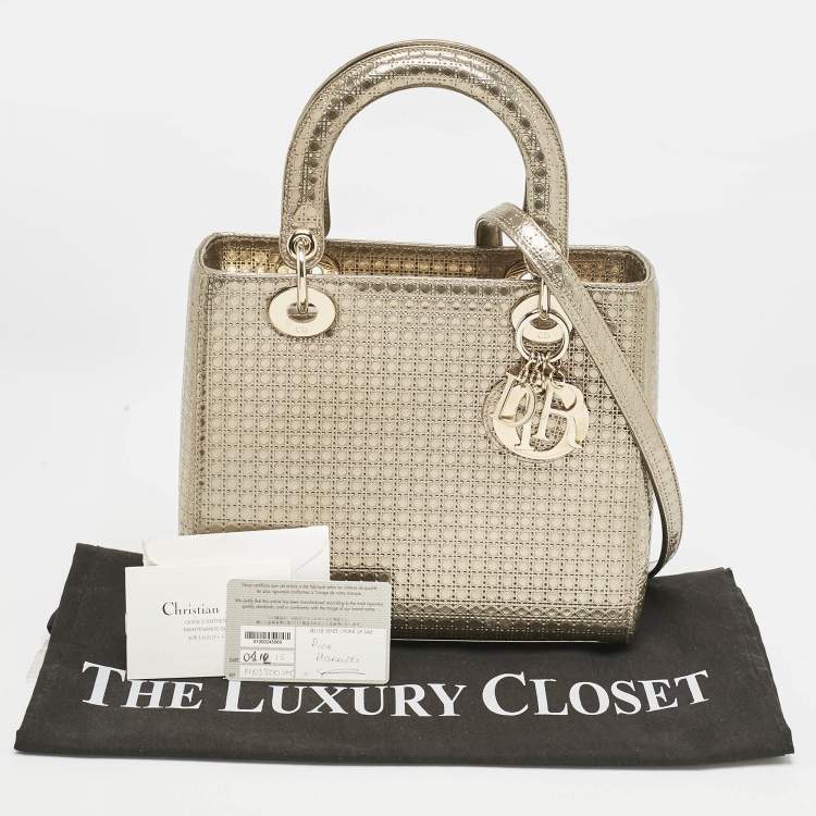 Pre Owned Dior Gold Micro Cannage Patent Leather Medium Lady Dior Tote