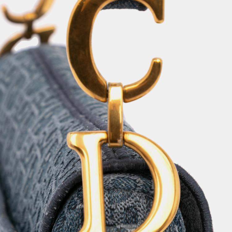 Pre Owned Dior Blue Embroidered Oblique Denim Saddle Bag