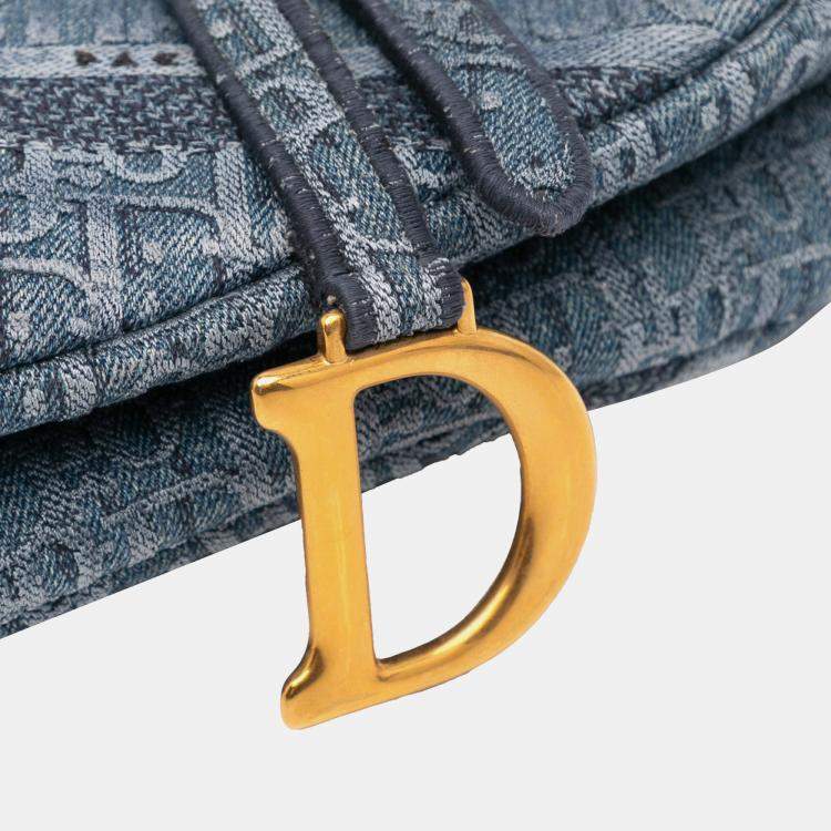Pre Owned Dior Blue Embroidered Oblique Denim Saddle Bag