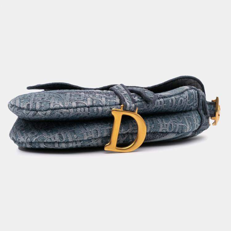 Pre Owned Dior Blue Embroidered Oblique Denim Saddle Bag