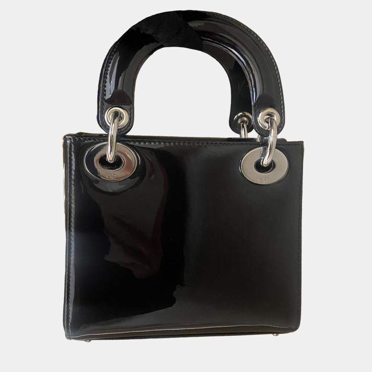 Pre Owned Dior Lady Dior Mini Bag Black & Grey Patent Leather