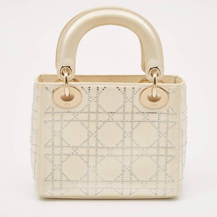 Pre Owned Dior Off White Cannage Satin Mini Crystals Embellished Lady Dior Tote