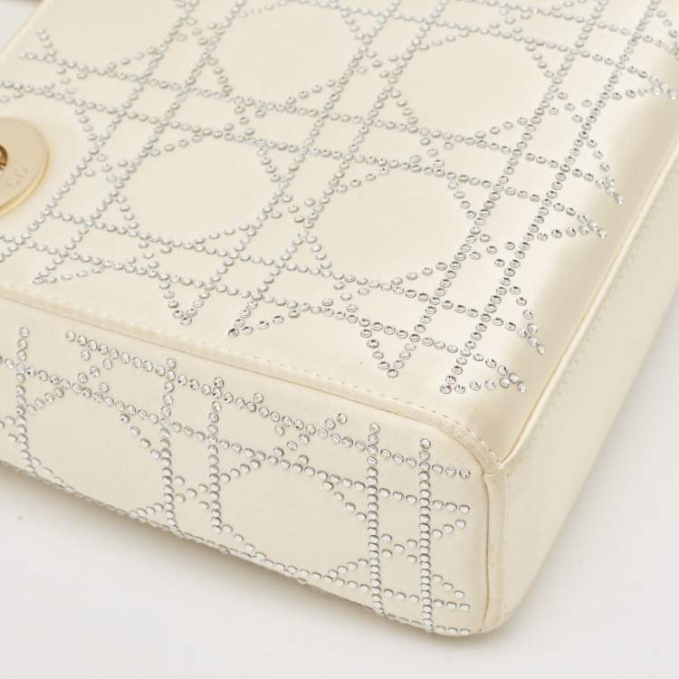 Pre Owned Dior Off White Cannage Satin Mini Crystals Embellished Lady Dior Tote