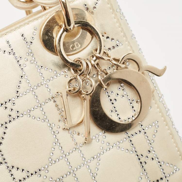 Pre Owned Dior Off White Cannage Satin Mini Crystals Embellished Lady Dior Tote