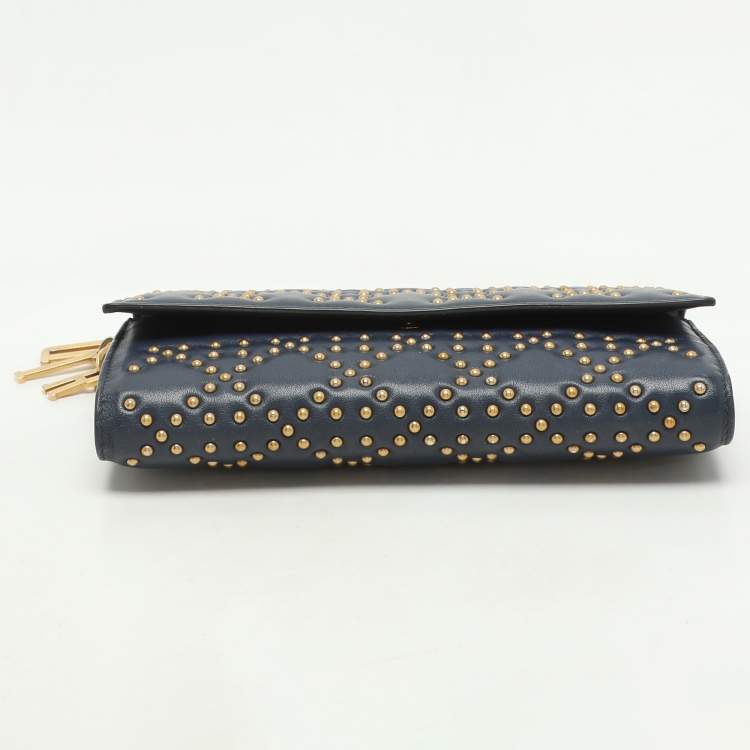 Pre Owned Dior Navy Blue Leather Studded Lady Dior Wallet on Chain
