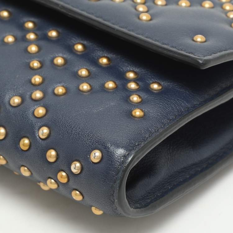 Pre Owned Dior Navy Blue Leather Studded Lady Dior Wallet on Chain