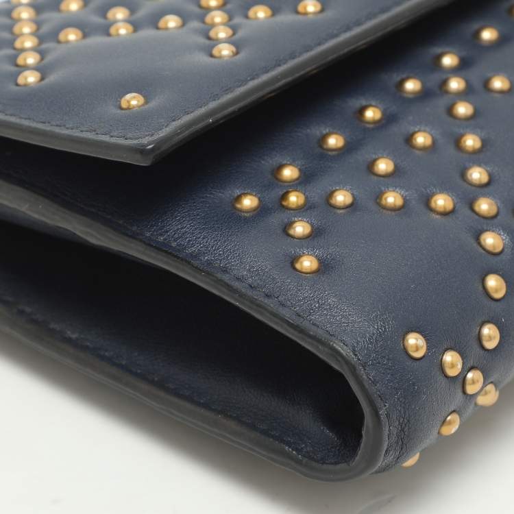 Pre Owned Dior Navy Blue Leather Studded Lady Dior Wallet on Chain