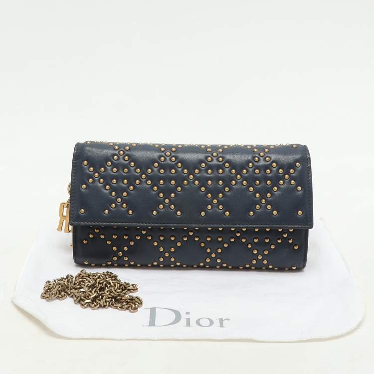 Pre Owned Dior Navy Blue Leather Studded Lady Dior Wallet on Chain
