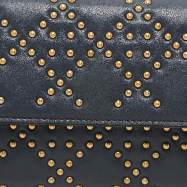 Pre Owned Dior Navy Blue Leather Studded Lady Dior Wallet on Chain