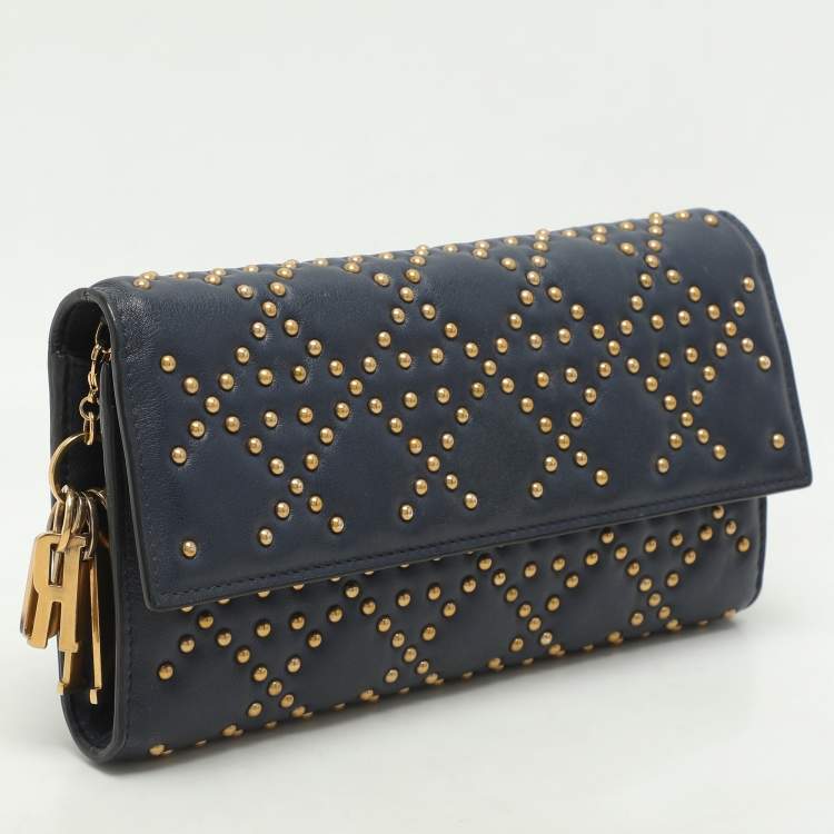 Pre Owned Dior Navy Blue Leather Studded Lady Dior Wallet on Chain
