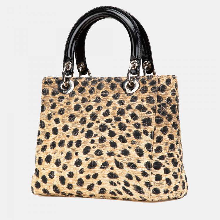 Pre Owned Dior Brown Medium Canvas Cannage Leopard Print Lady Dior