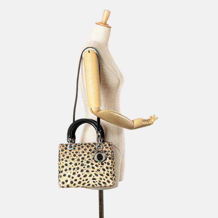 Pre Owned Dior Brown Medium Canvas Cannage Leopard Print Lady Dior
