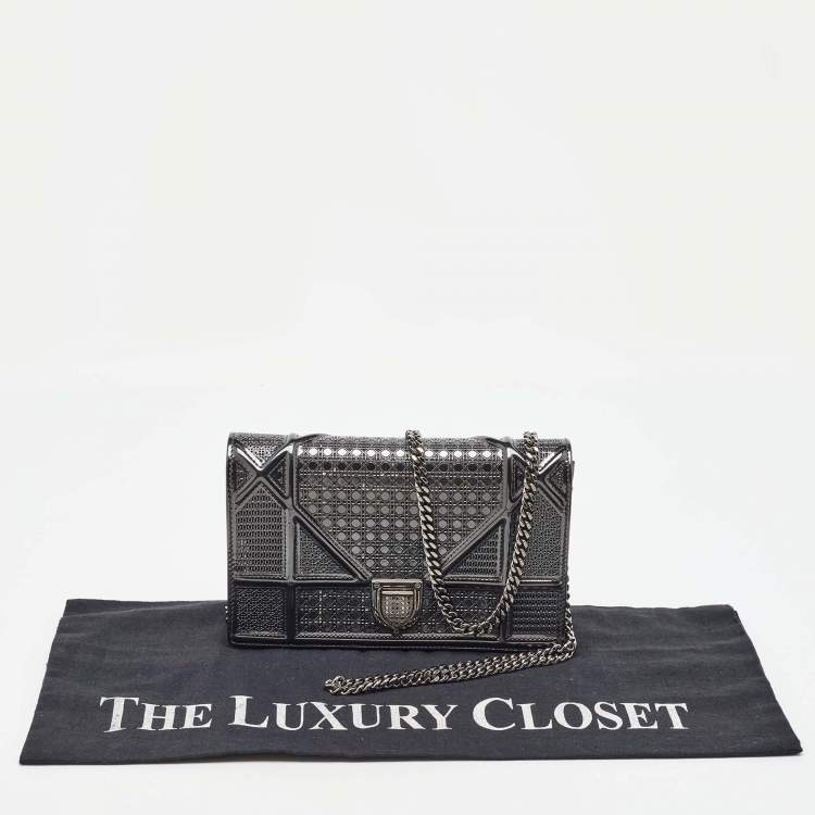 Pre Owned Dior Dark Grey Micro Cannage Patent Leather Diorama Wallet on Chain