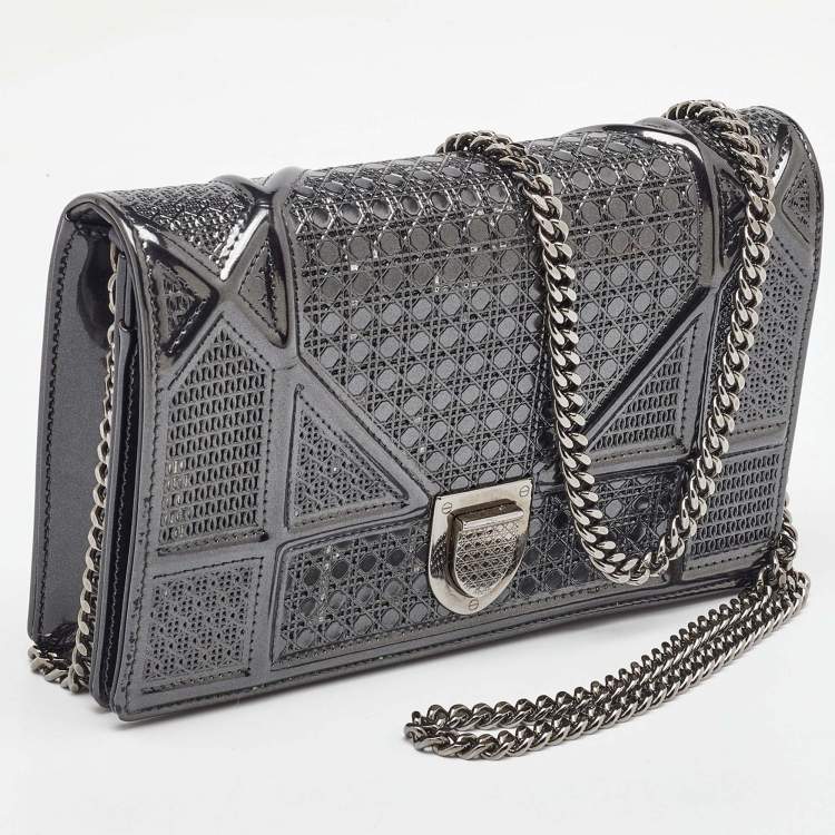 Pre Owned Dior Dark Grey Micro Cannage Patent Leather Diorama Wallet on Chain