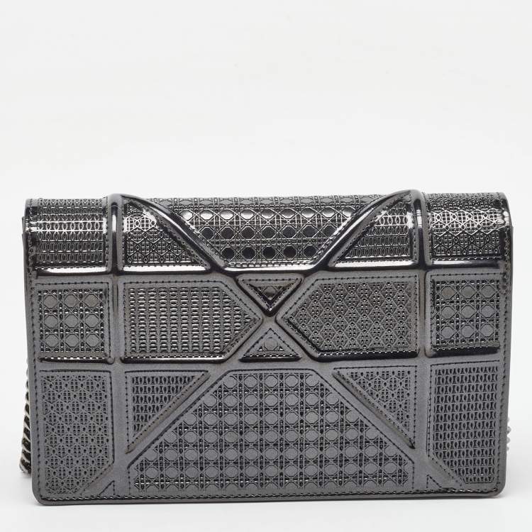 Pre Owned Dior Dark Grey Micro Cannage Patent Leather Diorama Wallet on Chain