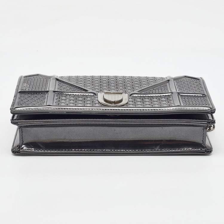 Pre Owned Dior Dark Grey Micro Cannage Patent Leather Diorama Wallet on Chain