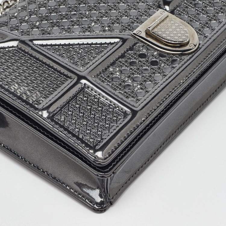 Pre Owned Dior Dark Grey Micro Cannage Patent Leather Diorama Wallet on Chain