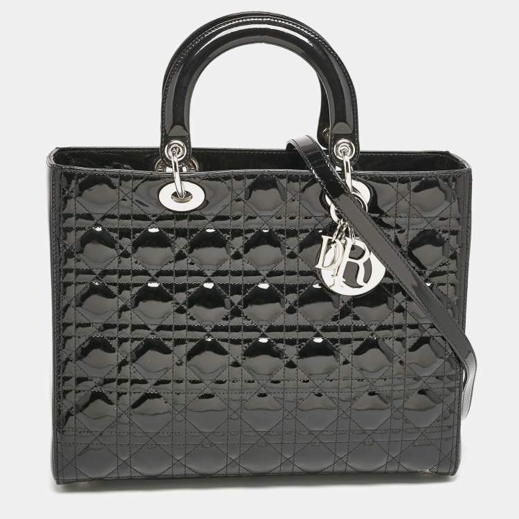 Pre Owned Dior Black Cannage Patent Leather Large Lady Dior Tote
