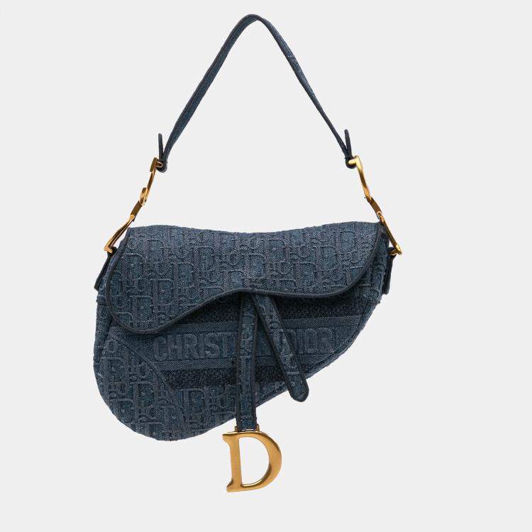 مملوك�ة مسبقًا Dior Blue Oblique Embroidered Denim Saddle Bag
