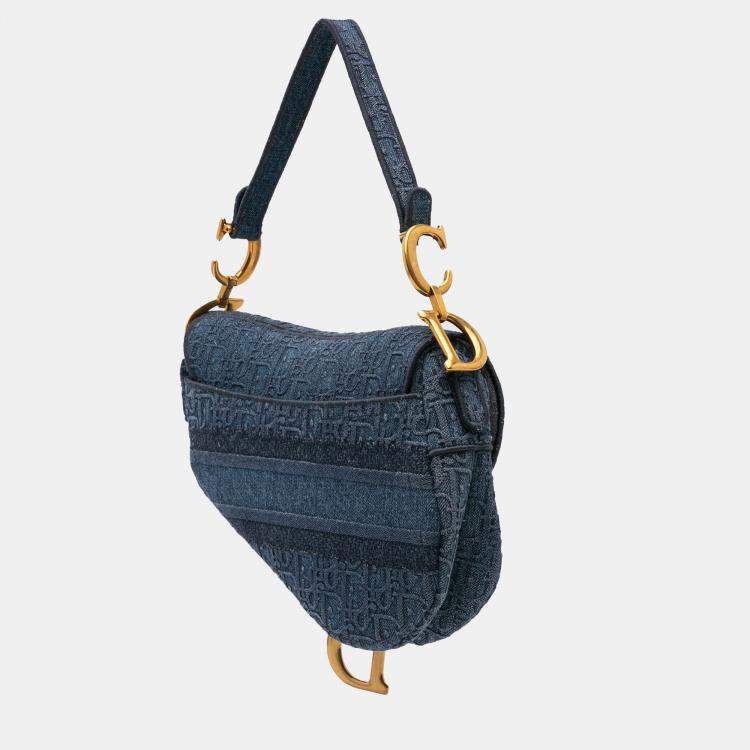 مملوكة مسبقًا Dior Blue Oblique Embroidered Denim Saddle Bag