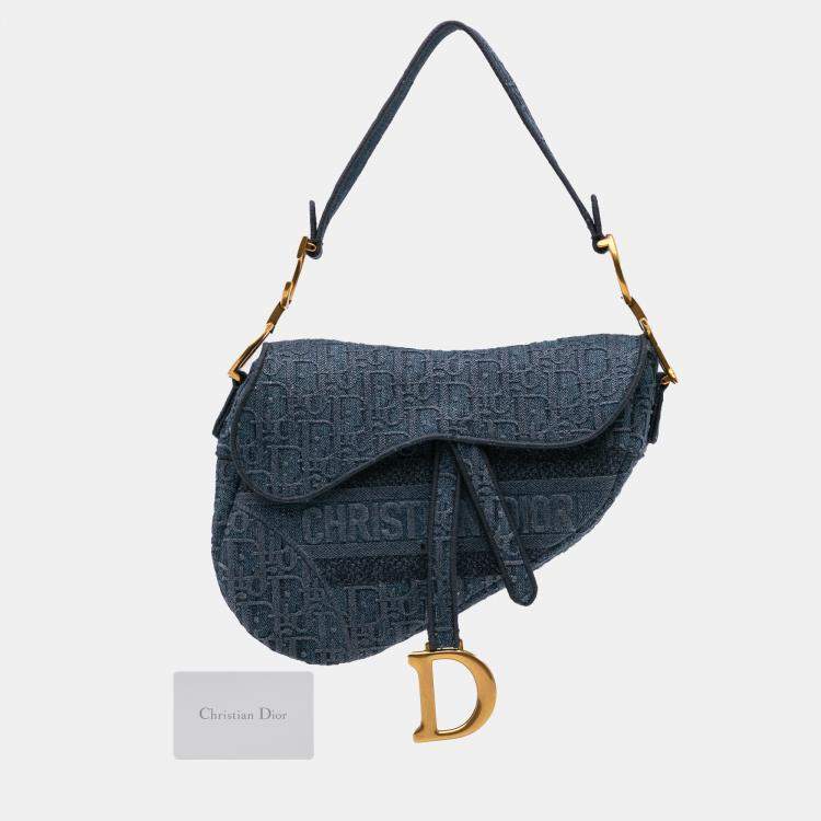 مملوكة مسبقًا Dior Blue Oblique Embroidered Denim Saddle Bag