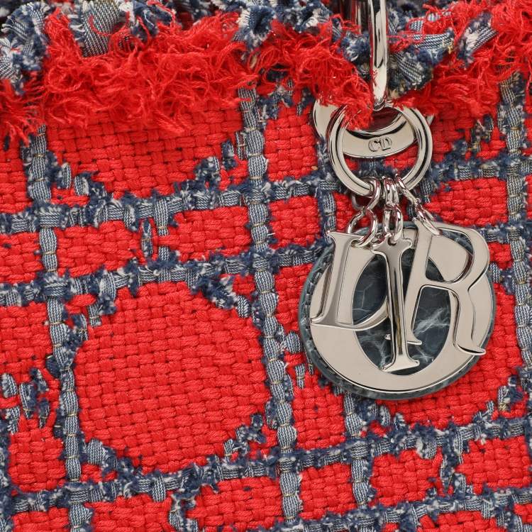 Pre Owned Dior Multicolor Croc Embossed Leather and Tweed Medium Lady Dior Tote