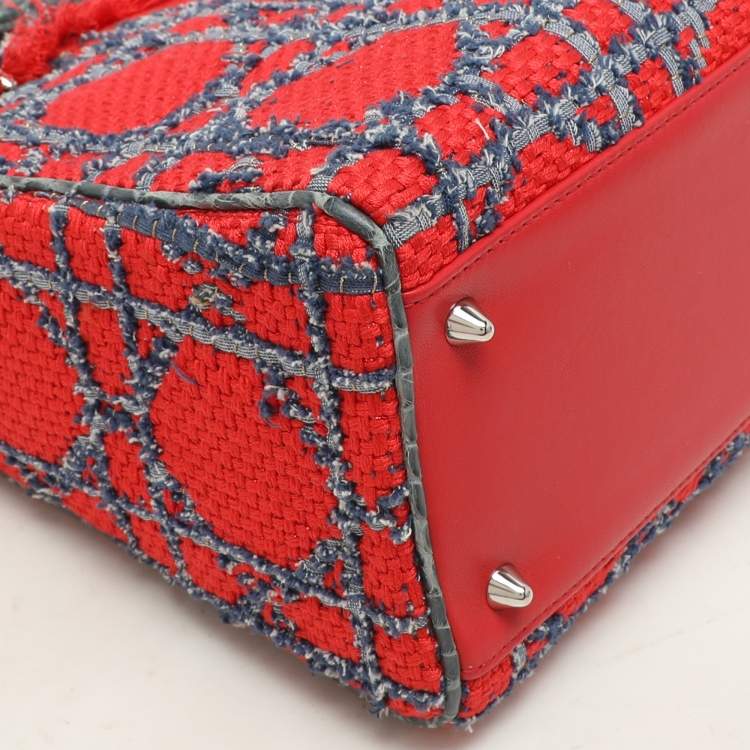 Pre Owned Dior Multicolor Croc Embossed Leather and Tweed Medium Lady Dior Tote