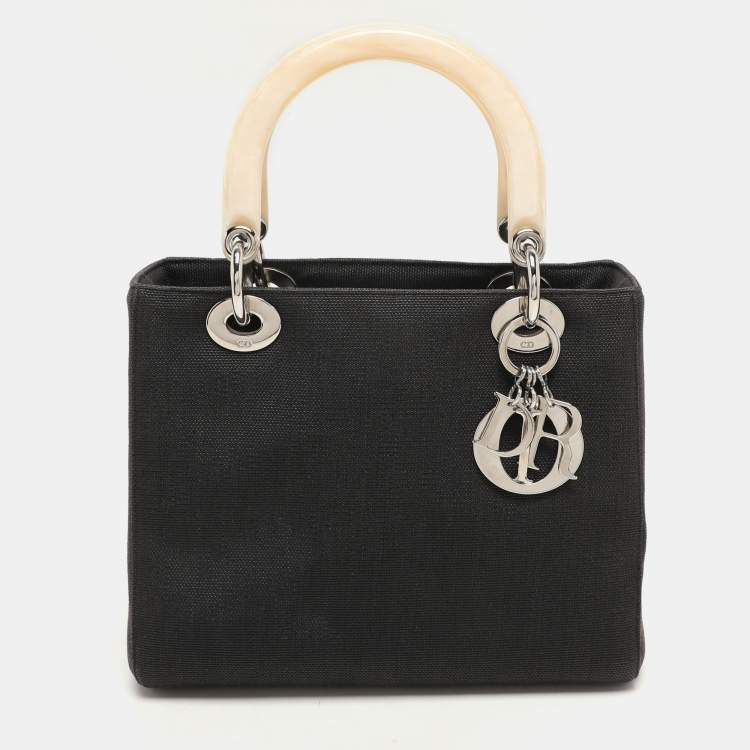 Pre Owned Dior Black Canvas Medium Lady Dior Tortoise Handle Tote