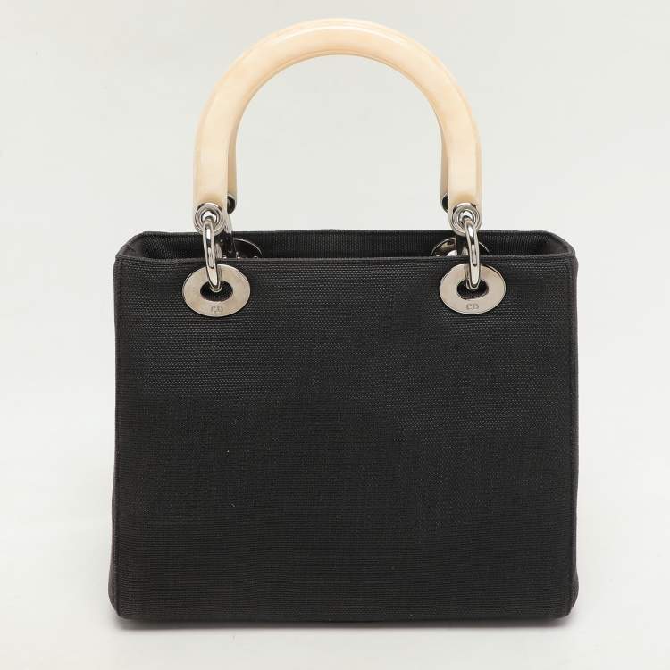 Pre Owned Dior Black Canvas Medium Lady Dior Tortoise Handle Tote