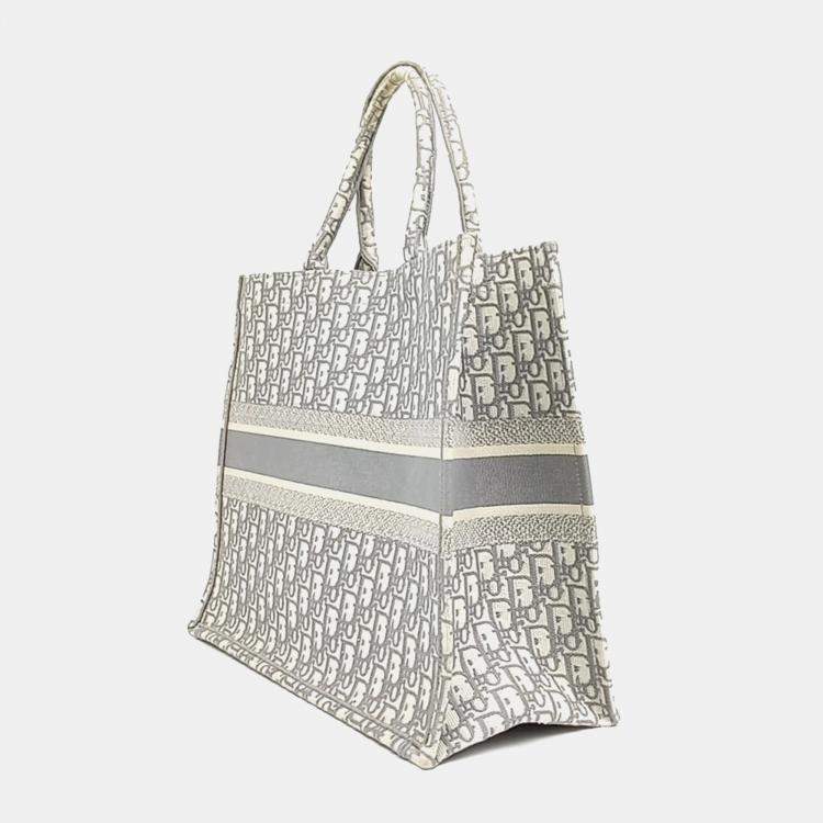 Pre Owned Dior Grey White Fabric Oblique Book Tote Bag 42