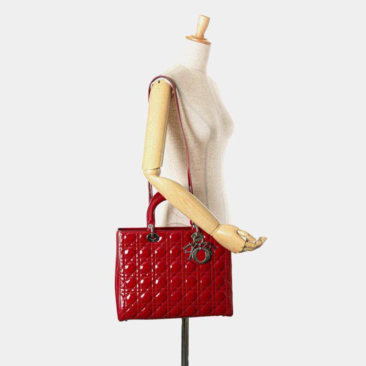 Pre Owned Dior Red Large Patent Cannage Lady Dior