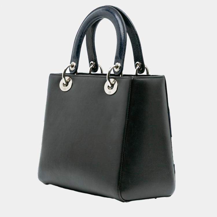Pre Owned Dior Black Blue Medium Calfskin Patent Embroidered Valentines Day Heart Lady Dior