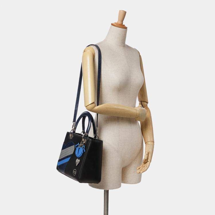 Pre Owned Dior Black Blue Medium Calfskin Patent Embroidered Valentines Day Heart Lady Dior