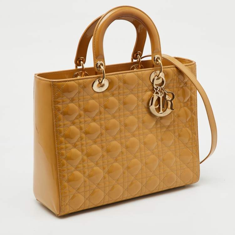 Pre Owned Dior Beige Cannage Patent Leather Large Lady Dior Tote