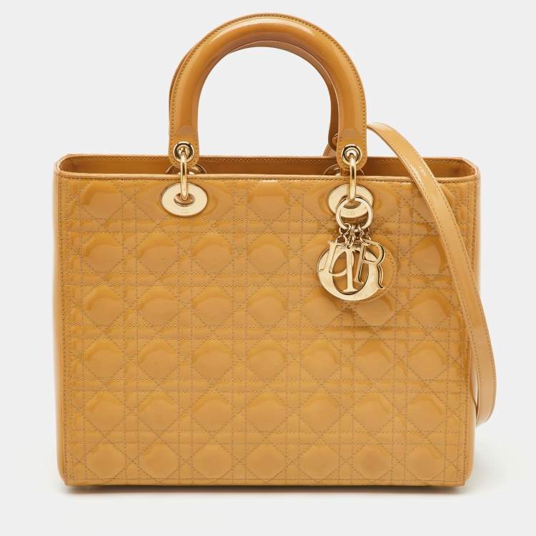 Pre Owned Dior Beige Cannage Patent Leather Large Lady Dior Tote
