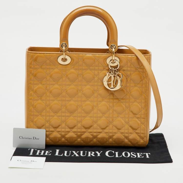 Pre Owned Dior Beige Cannage Patent Leather Large Lady Dior Tote