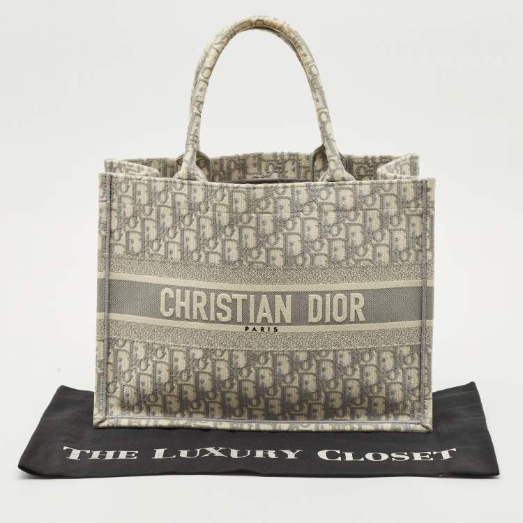 Pre Owned Dior Grey Oblique Embroidered Canvas Medium Book Tote